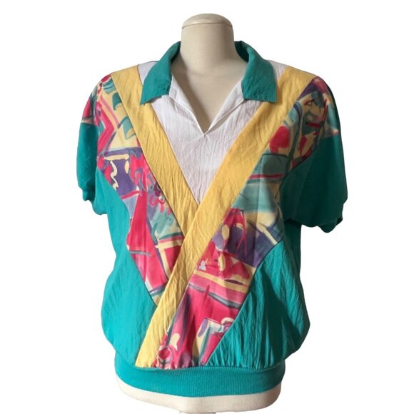 Vintage Cape Cod Petites Track Shirt Sz 14 (Large) Retro Collared 80's Blouse - Picture 5 of 11